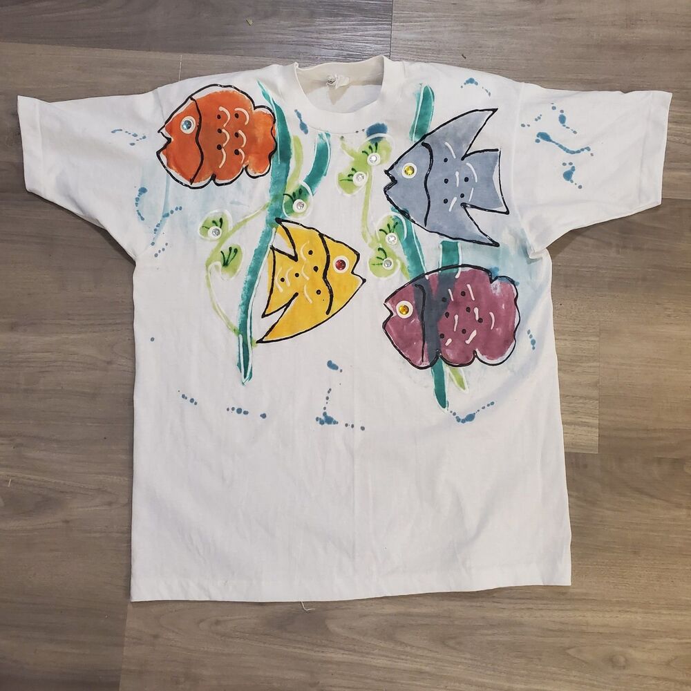 Vtg Indian Ink XL Bright Fish Graphic T-Shirt Single Stitch White Hand Painted